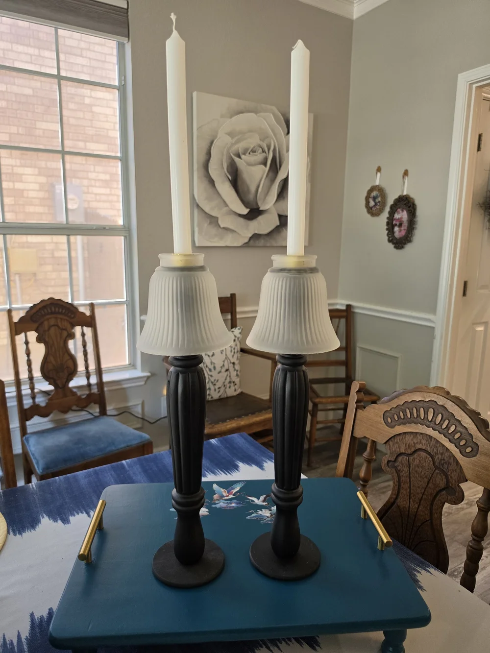 Pair Tall Black Wood Candlestick Holders White Ribbed Glass Hurricane Shades